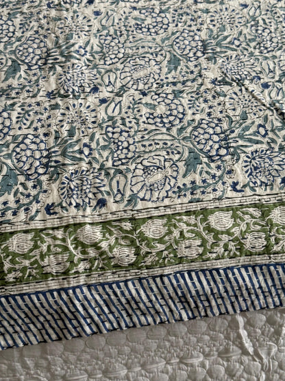 Blue Floral Kantha Quilt, Hand-Stitched Coastal Bedspread