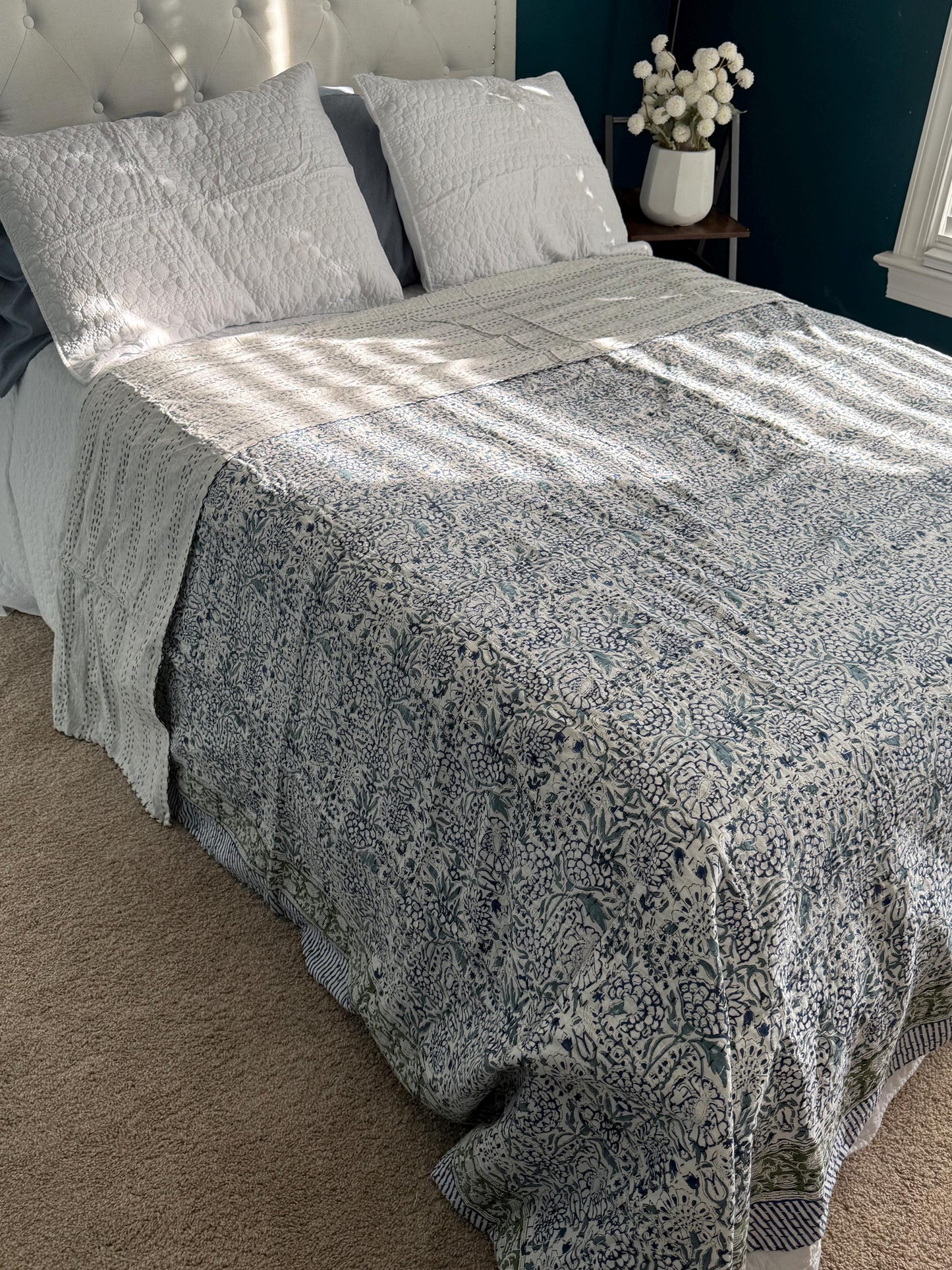 Blue Floral Kantha Quilt Summer Bedroom Decor - Hand-Stitched Bedspread Cotton Bedding Ideal For Beach House Decor - Coastal Throw Blanket