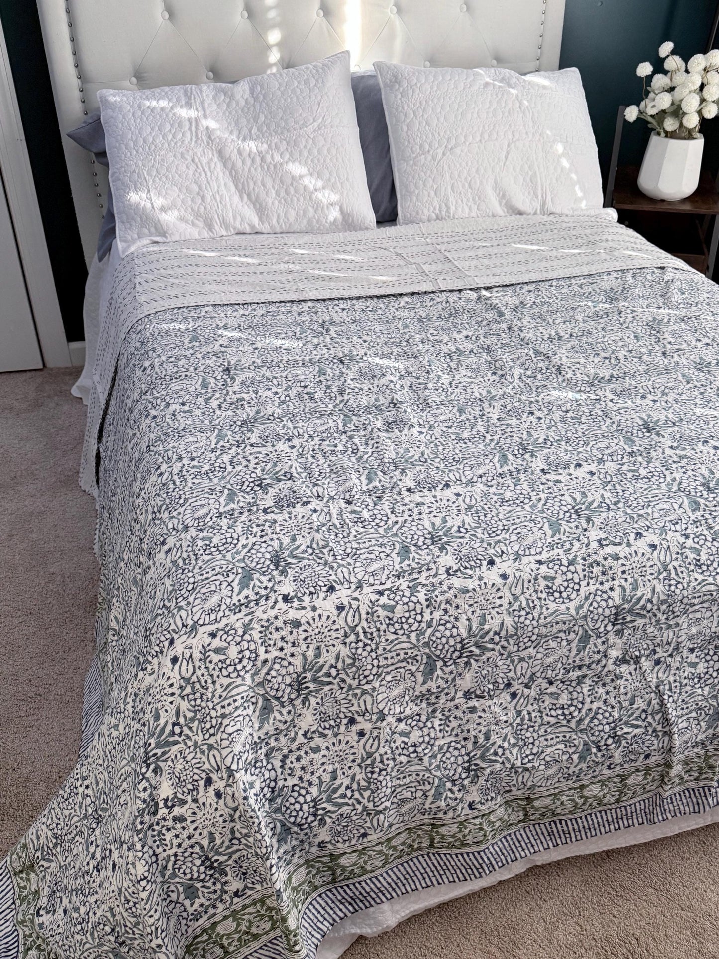 Blue Floral Kantha Quilt Summer Bedroom Decor - Hand-Stitched Bedspread Cotton Bedding Ideal For Beach House Decor - Coastal Throw Blanket