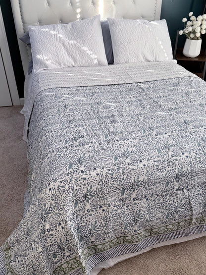 Blue Floral Kantha Quilt, Hand-Stitched Coastal Bedspread