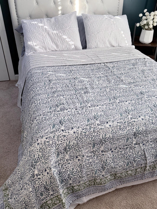 Blue Floral Kantha Quilt Summer Bedroom Decor - Hand-Stitched Bedspread Cotton Bedding Ideal For Beach House Decor - Coastal Throw Blanket