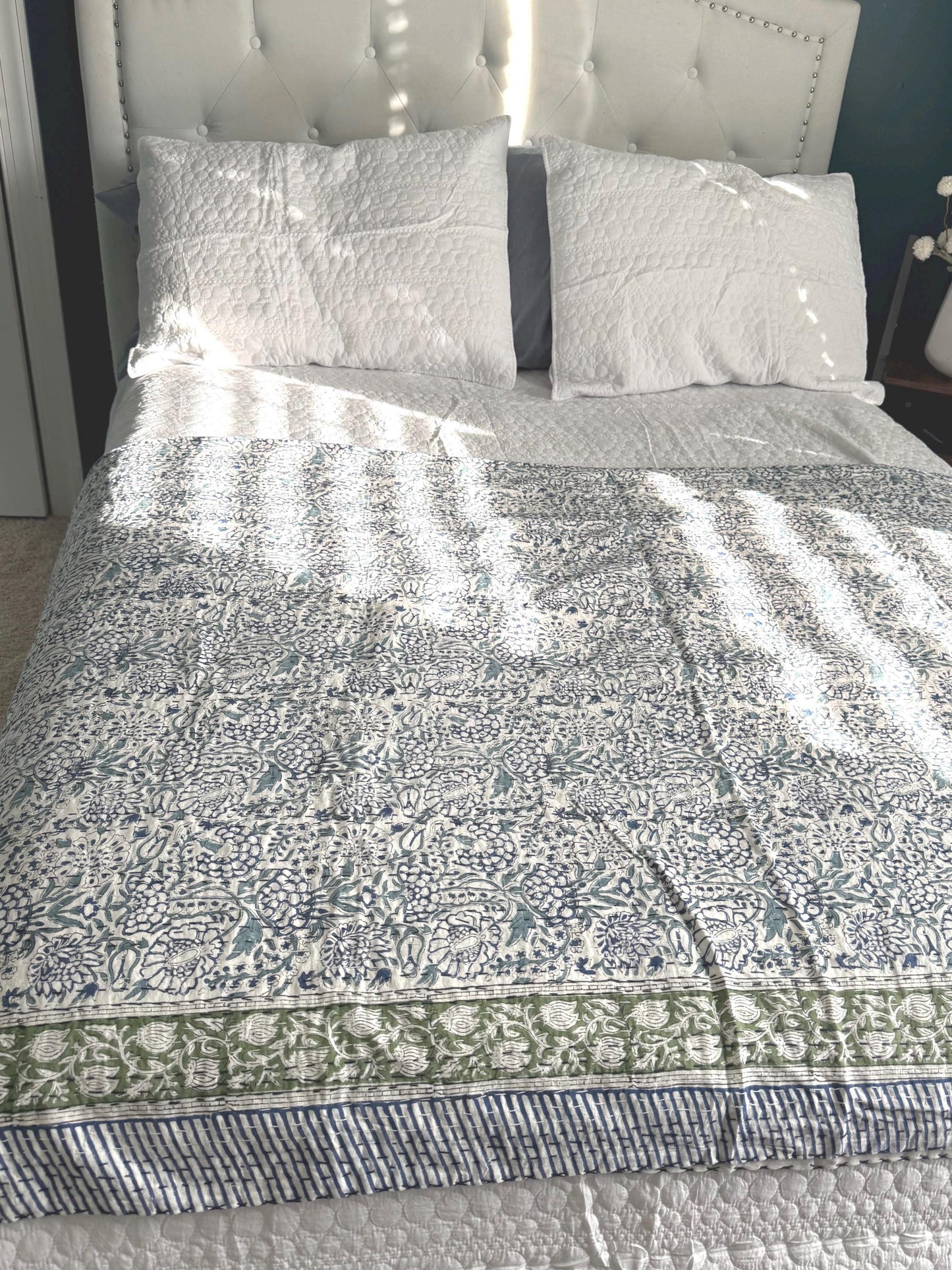 Blue Floral Kantha Quilt Summer Bedroom Decor - Hand-Stitched Bedspread Cotton Bedding Ideal For Beach House Decor - Coastal Throw Blanket