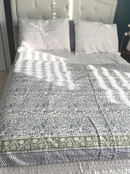 Blue Floral Kantha Quilt, Hand-Stitched Coastal Bedspread