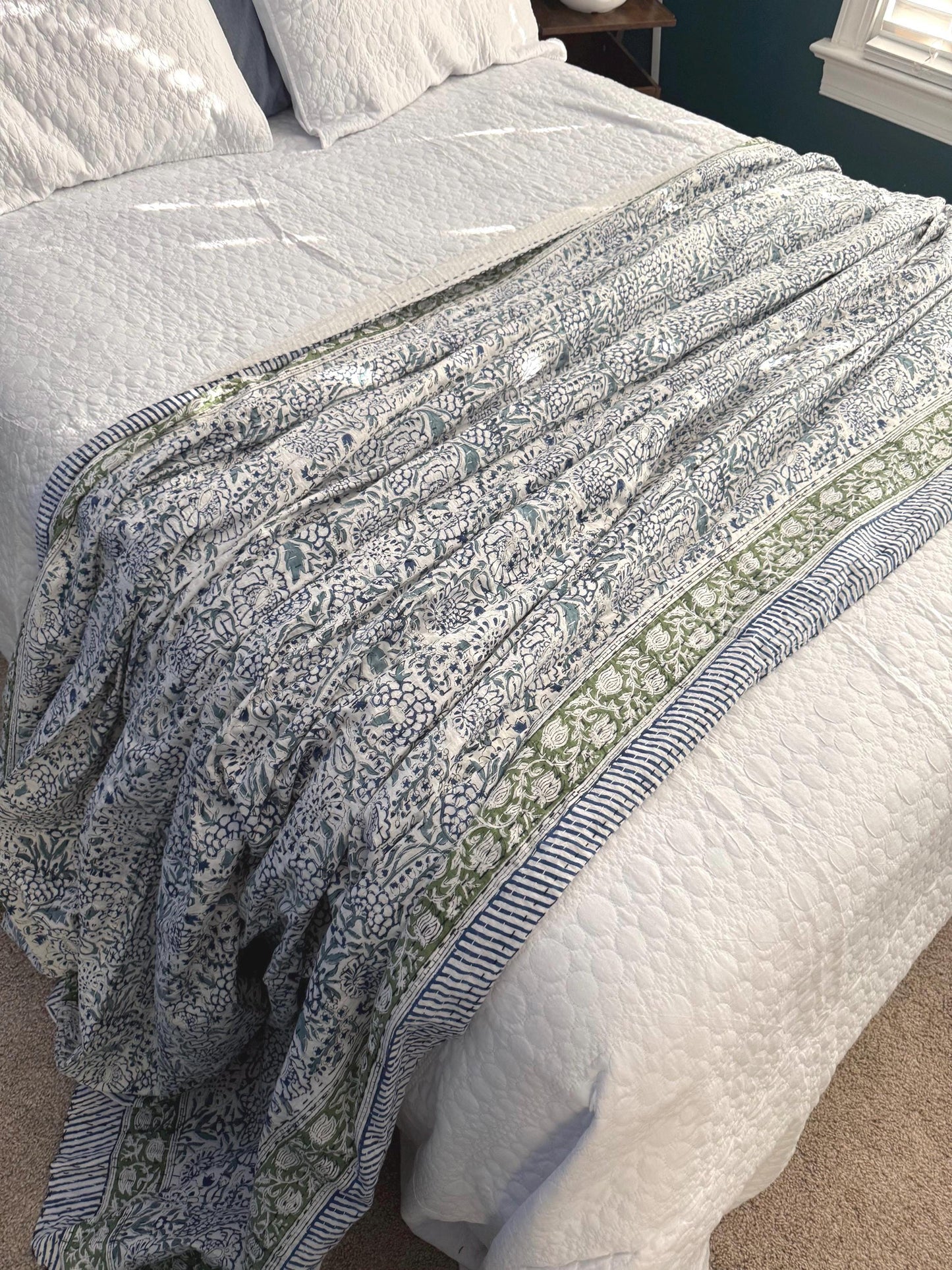 Blue Floral Kantha Quilt Summer Bedroom Decor - Hand-Stitched Bedspread Cotton Bedding Ideal For Beach House Decor - Coastal Throw Blanket