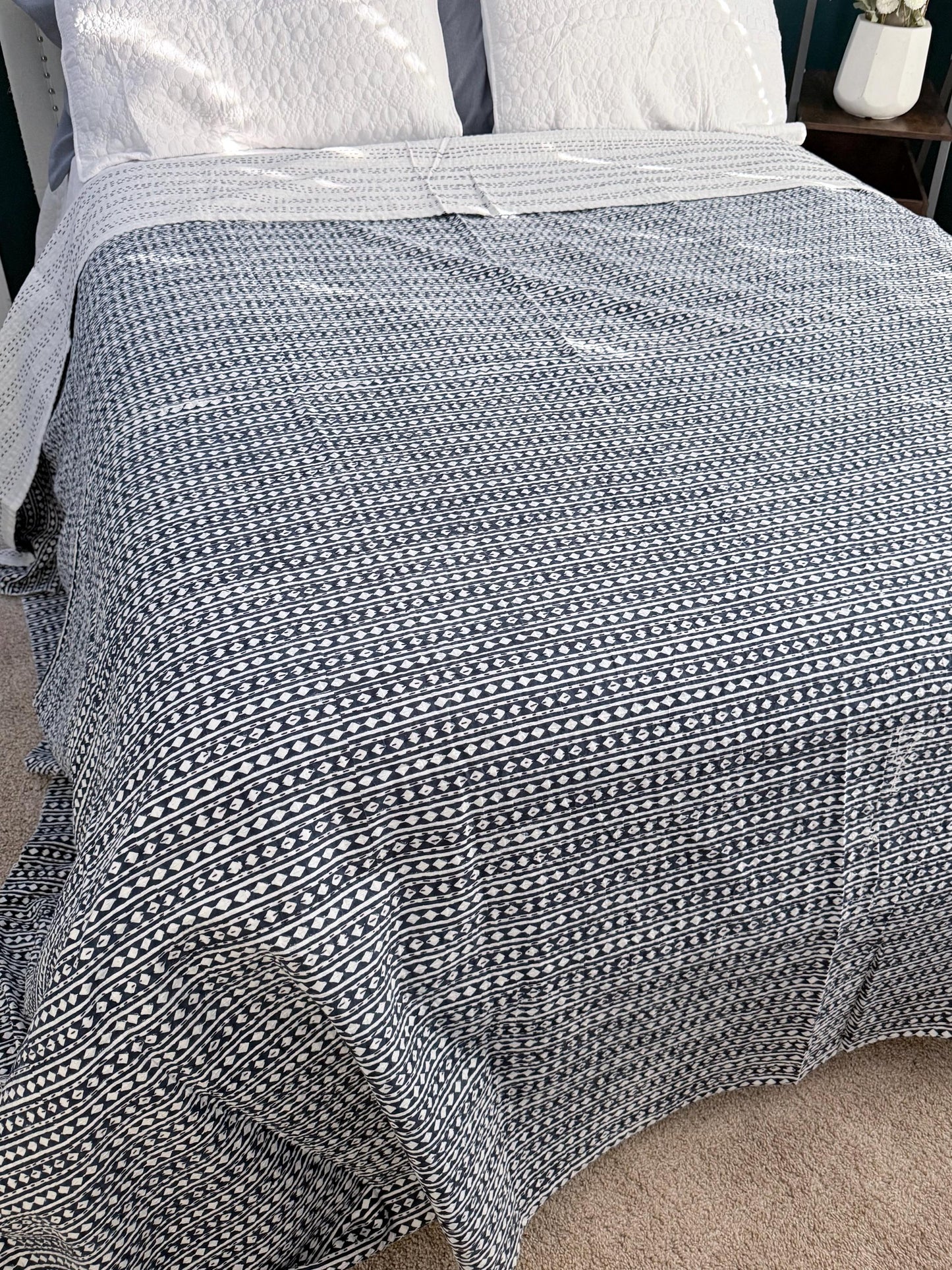 Cotton Kantha Quilt Summer Home-Decor - Hand Block Print Bedspread King Size Cotton Bedding - Bohemian Throw Blanket Indian Bed Cover