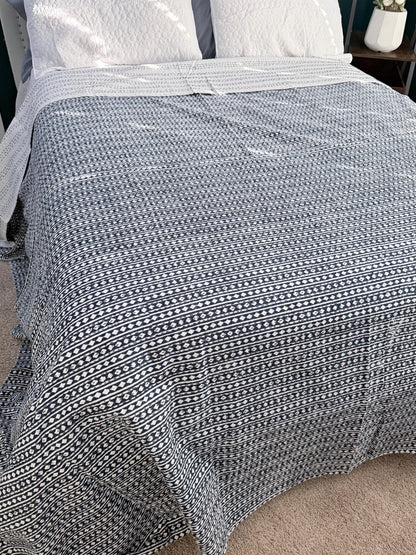 Cotton Kantha Quilt, Hand Block Print King Size Bedspread