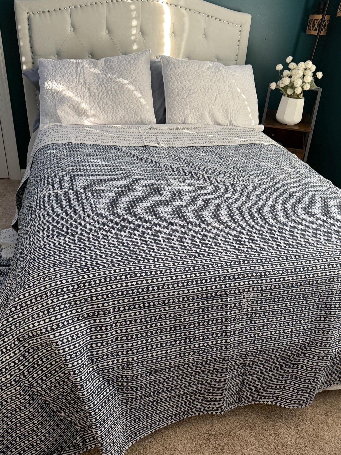 Cotton Kantha Quilt Summer Home-Decor - Hand Block Print Bedspread King Size Cotton Bedding - Bohemian Throw Blanket Indian Bed Cover