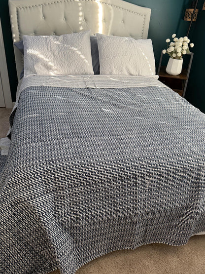 Cotton Kantha Quilt, Hand Block Print King Size Bedspread
