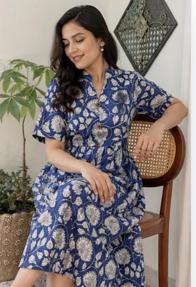 Blue Block Print Dresses For Women - Indian Cotton Dress For Summer Vacation - Midi Flowy Dress Ideal For Mother of The Bride