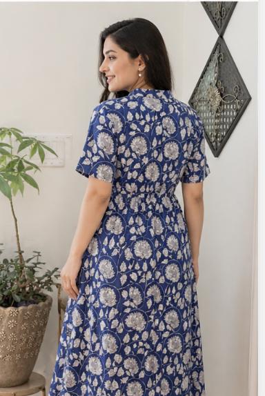 Blue Block Print Dresses For Women - Indian Cotton Dress For Summer Vacation - Midi Flowy Dress Ideal For Mother of The Bride