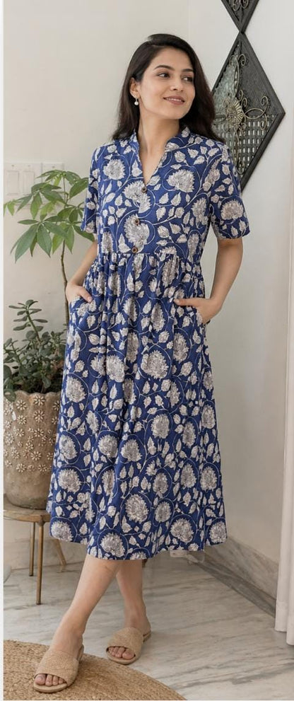 Blue Block Print Dresses For Women - Indian Cotton Dress For Summer Vacation - Midi Flowy Dress Ideal For Mother of The Bride