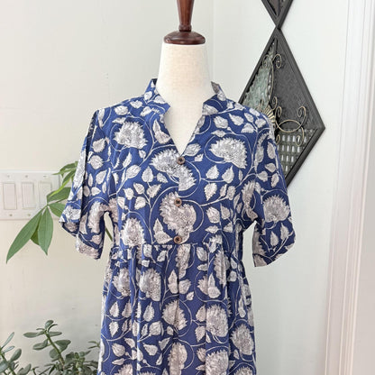 Blue Block Print Dresses For Women - Indian Cotton Dress For Summer Vacation - Midi Flowy Dress Ideal For Mother of The Bride