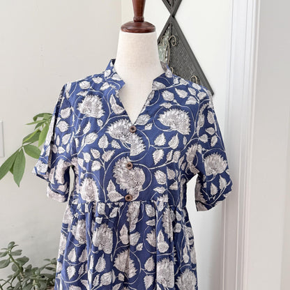 Blue Block Print Dresses For Women - Indian Cotton Dress For Summer Vacation - Midi Flowy Dress Ideal For Mother of The Bride
