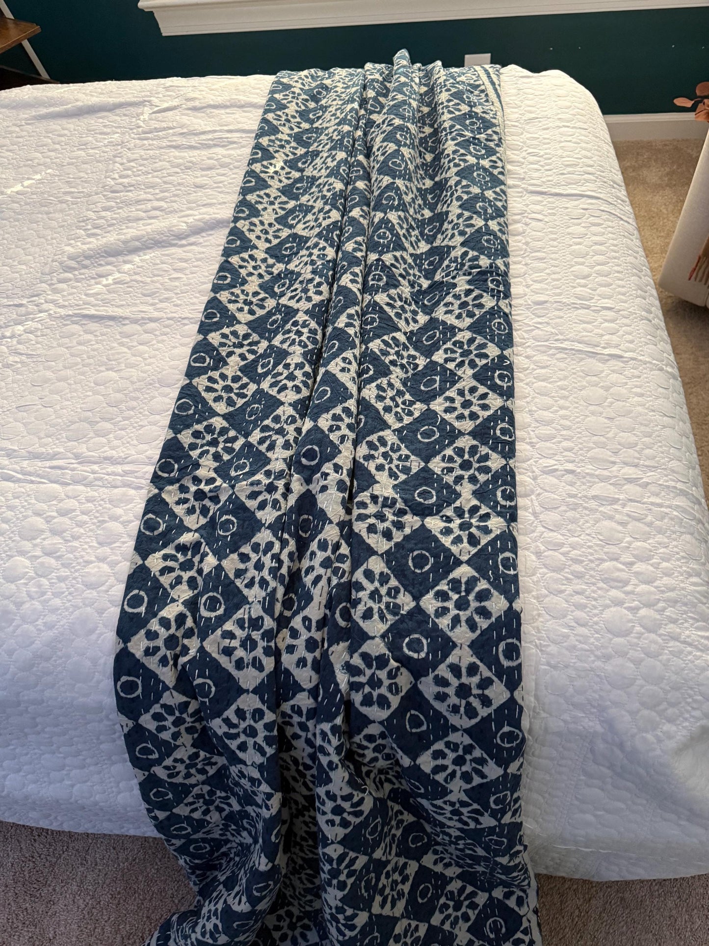 Cotton Kantha Quilt Bedspread or Coverlet In King Size - Hand Block Print Throw Blanket Boho Bedding - Queen Bed Cover Housewarming Gift