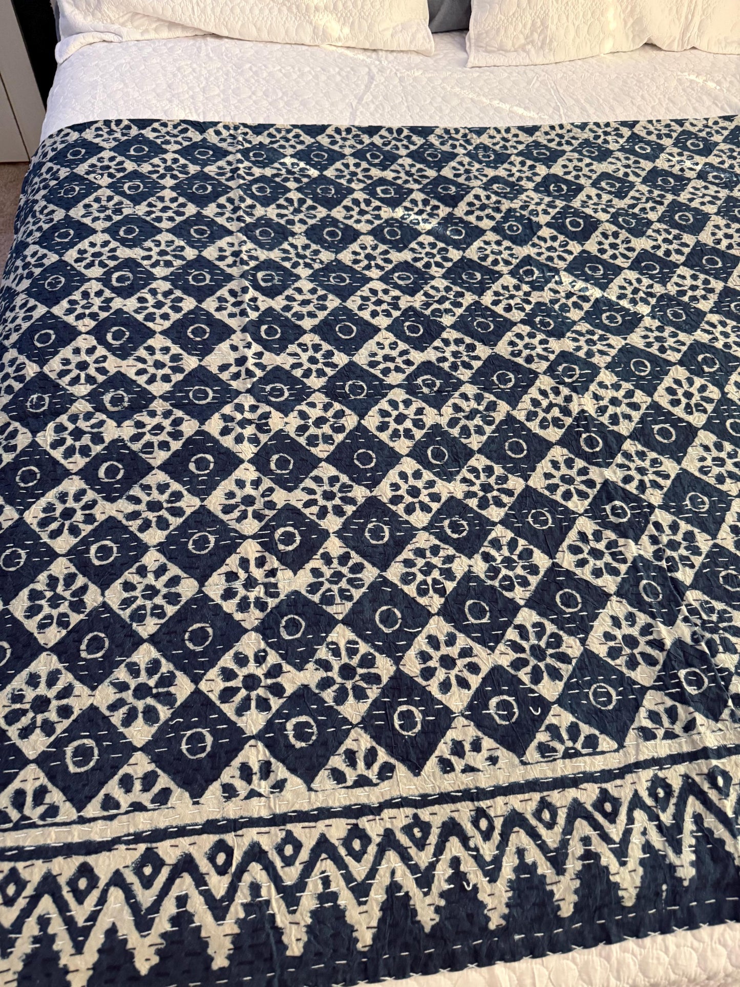Cotton Kantha Quilt Bedspread or Coverlet In King Size - Hand Block Print Throw Blanket Boho Bedding - Queen Bed Cover Housewarming Gift