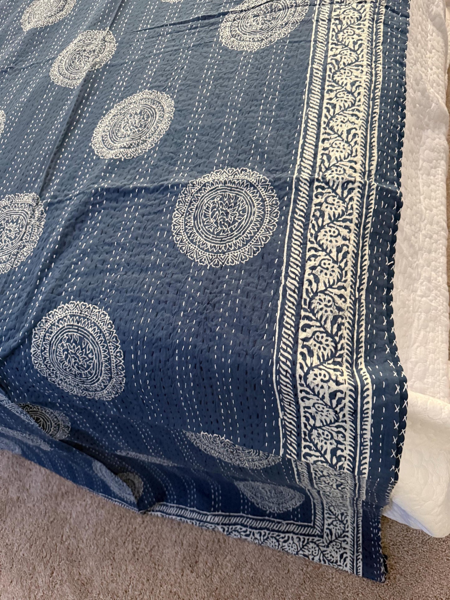 Indigo Kantha Quilt Indian Bespread - Floral Cotton Bedding For Home-Decor or Housewarming Gift - Beachy Boho Throw Blanket For Beach House