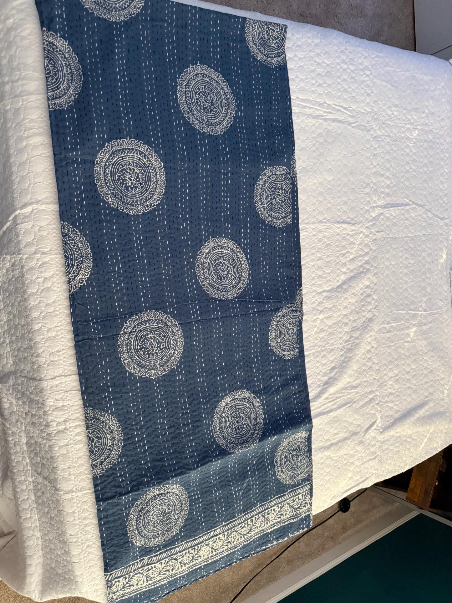 Indigo Kantha Quilt Indian Bespread - Floral Cotton Bedding For Home-Decor or Housewarming Gift - Beachy Boho Throw Blanket For Beach House