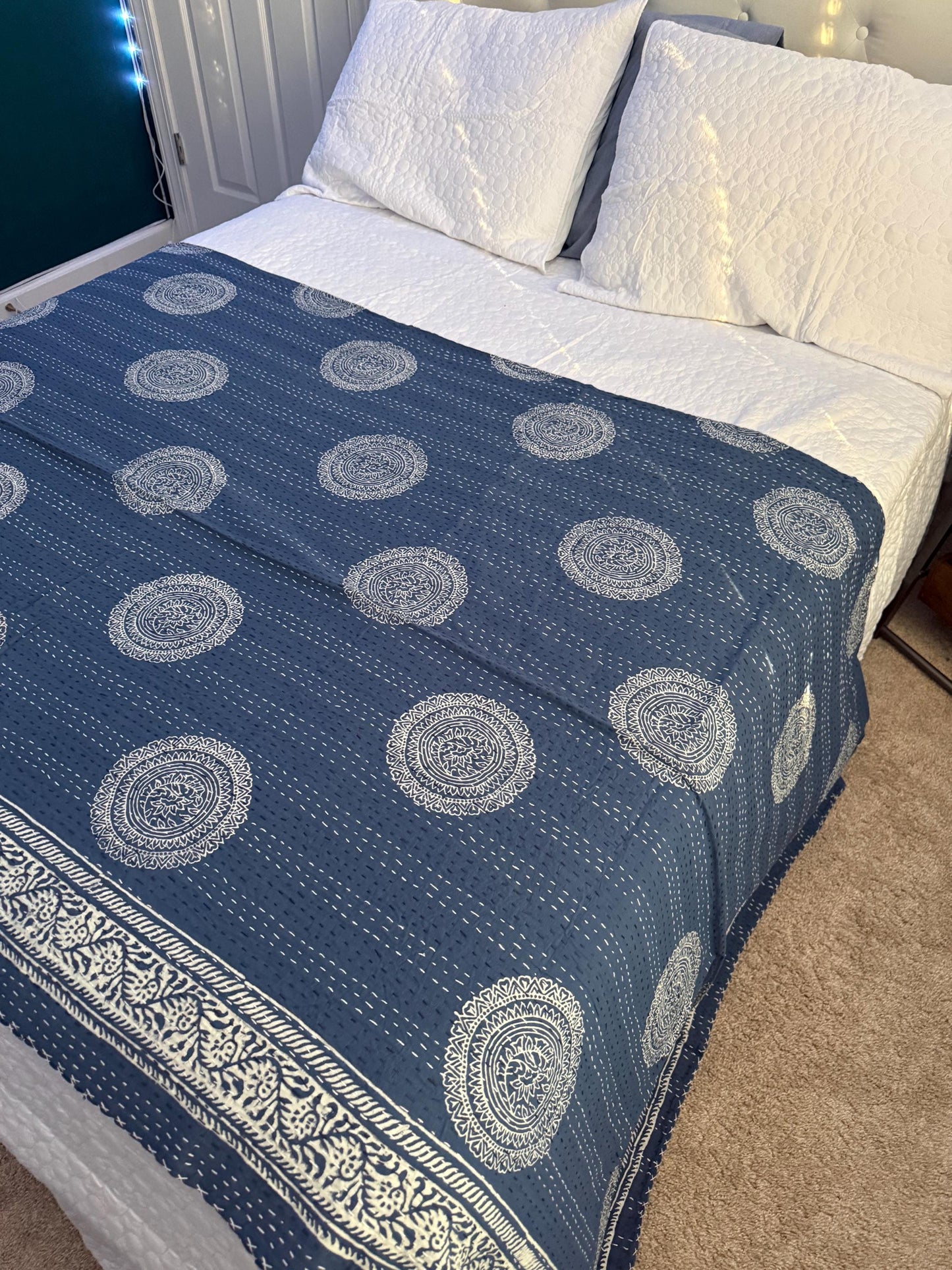 Indigo Kantha Quilt Indian Bespread - Floral Cotton Bedding For Home-Decor or Housewarming Gift - Beachy Boho Throw Blanket For Beach House