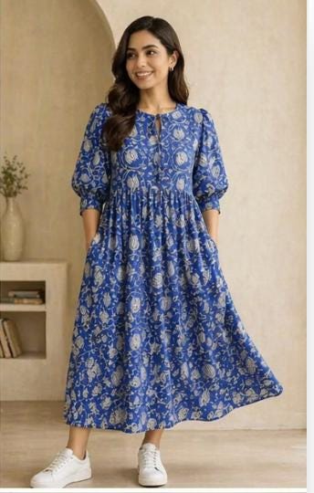 Blue Floral Block Print Dress - Indian Boho Summer Dresses For Women - Midi Dress With Pockets  Mother of The Bride or Wedding Guest