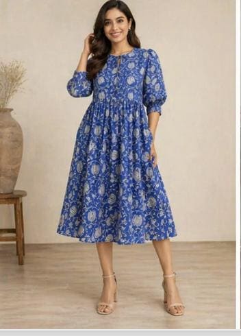 Blue Floral Block Print Dress - Indian Boho Summer Dresses For Women - Midi Dress With Pockets  Mother of The Bride or Wedding Guest