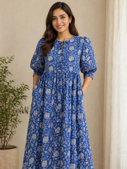 Blue Floral Block Print Dress - Indian Boho Summer Dresses For Women - Midi Dress With Pockets  Mother of The Bride or Wedding Guest