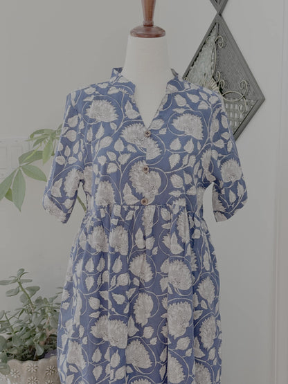 Blue Block Print Dresses For Women - Indian Cotton Dress For Summer Vacation - Midi Flowy Dress Ideal For Mother of The Bride