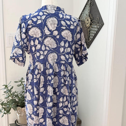 Blue Block Print Dresses For Women - Indian Cotton Dress For Summer Vacation - Midi Flowy Dress Ideal For Mother of The Bride
