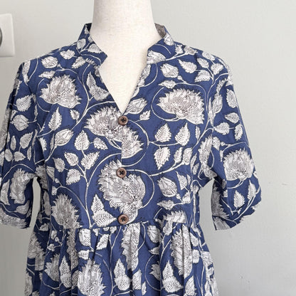 Blue Block Print Dresses For Women - Indian Cotton Dress For Summer Vacation - Midi Flowy Dress Ideal For Mother of The Bride