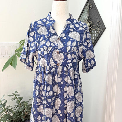 Blue Block Print Dresses For Women - Indian Cotton Dress For Summer Vacation - Midi Flowy Dress Ideal For Mother of The Bride