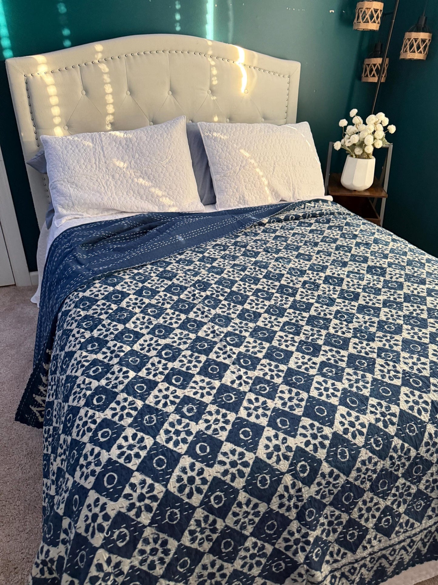 Cotton Kantha Quilt Bedspread or Coverlet In King Size - Hand Block Print Throw Blanket Boho Bedding - Queen Bed Cover Housewarming Gift