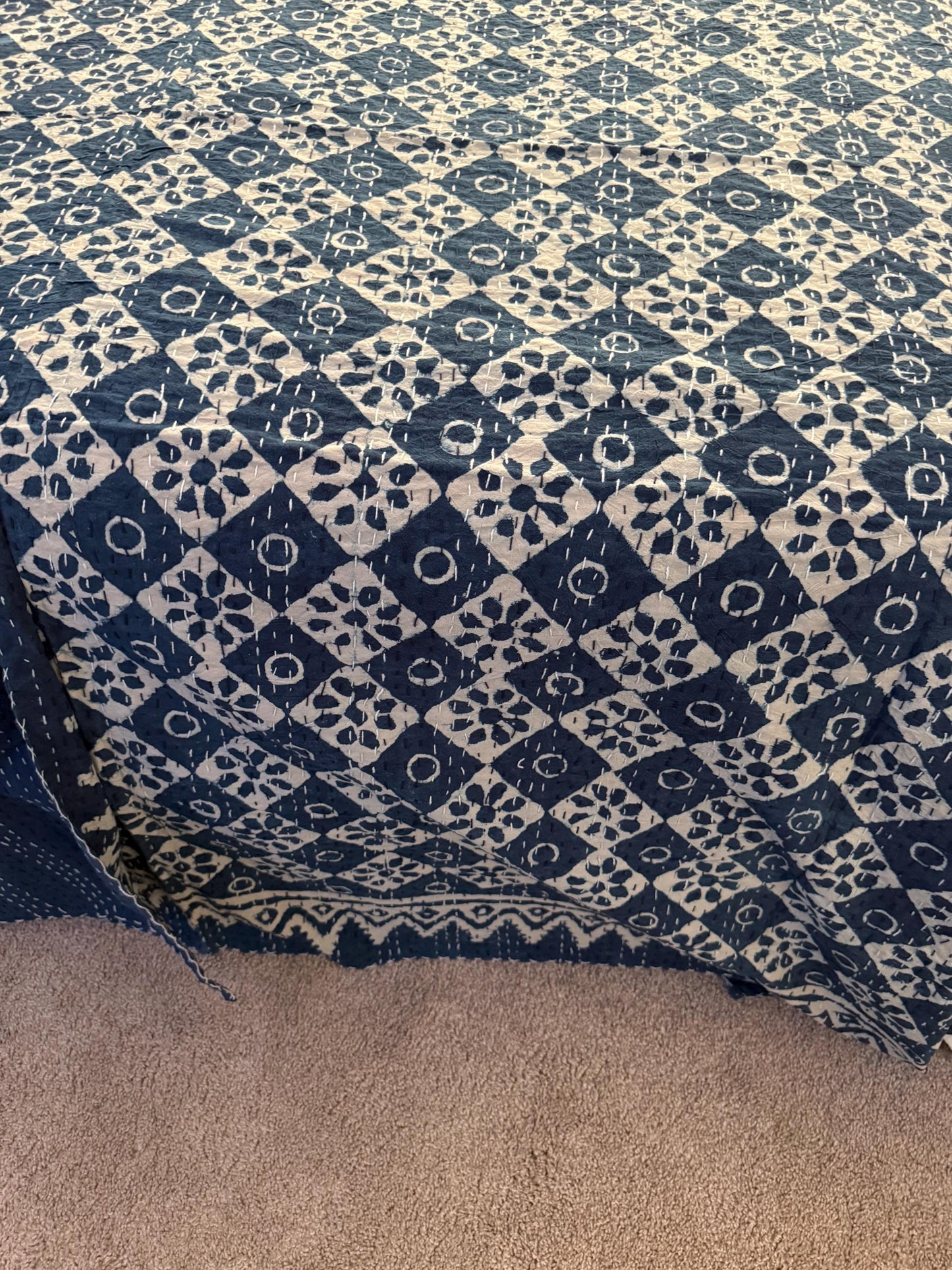 Cotton Kantha Quilt Bedspread or Coverlet In King Size - Hand Block Print Throw Blanket Boho Bedding - Queen Bed Cover Housewarming Gift