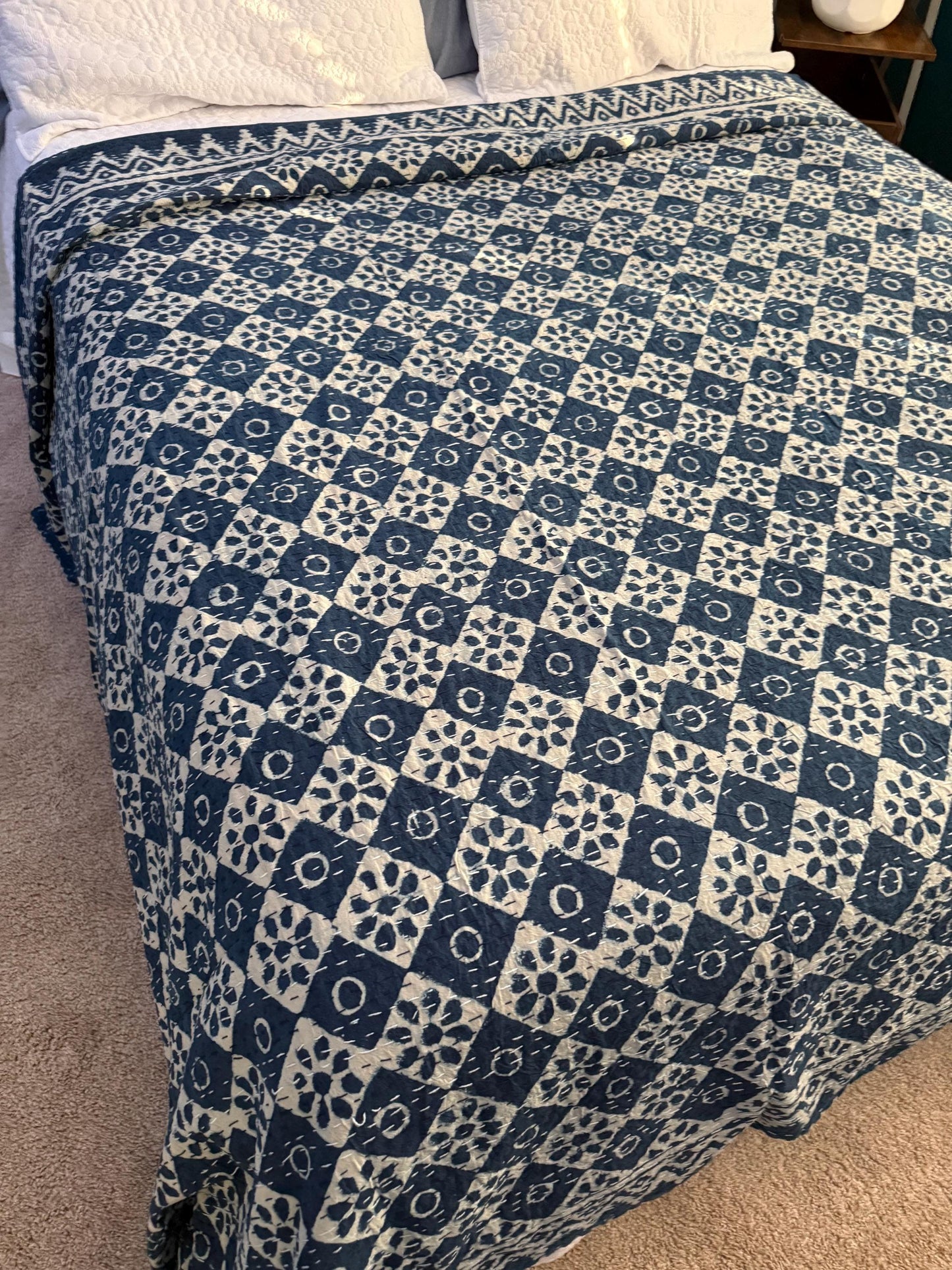 Cotton Kantha Quilt Bedspread or Coverlet In King Size - Hand Block Print Throw Blanket Boho Bedding - Queen Bed Cover Housewarming Gift