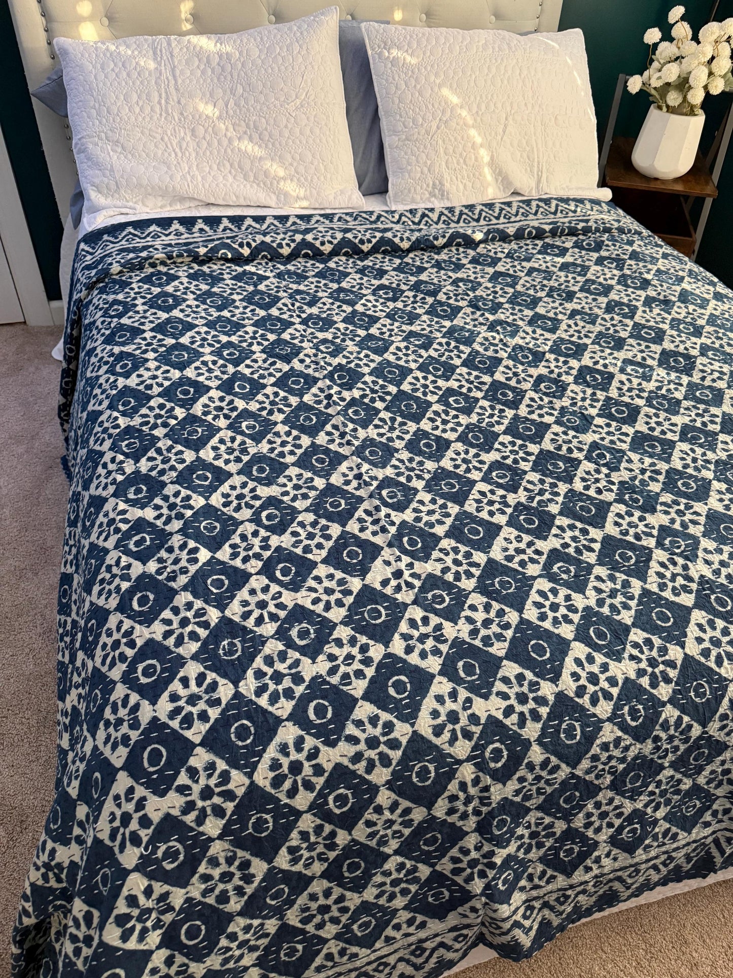 Cotton Kantha Quilt Bedspread or Coverlet In King Size - Hand Block Print Throw Blanket Boho Bedding - Queen Bed Cover Housewarming Gift