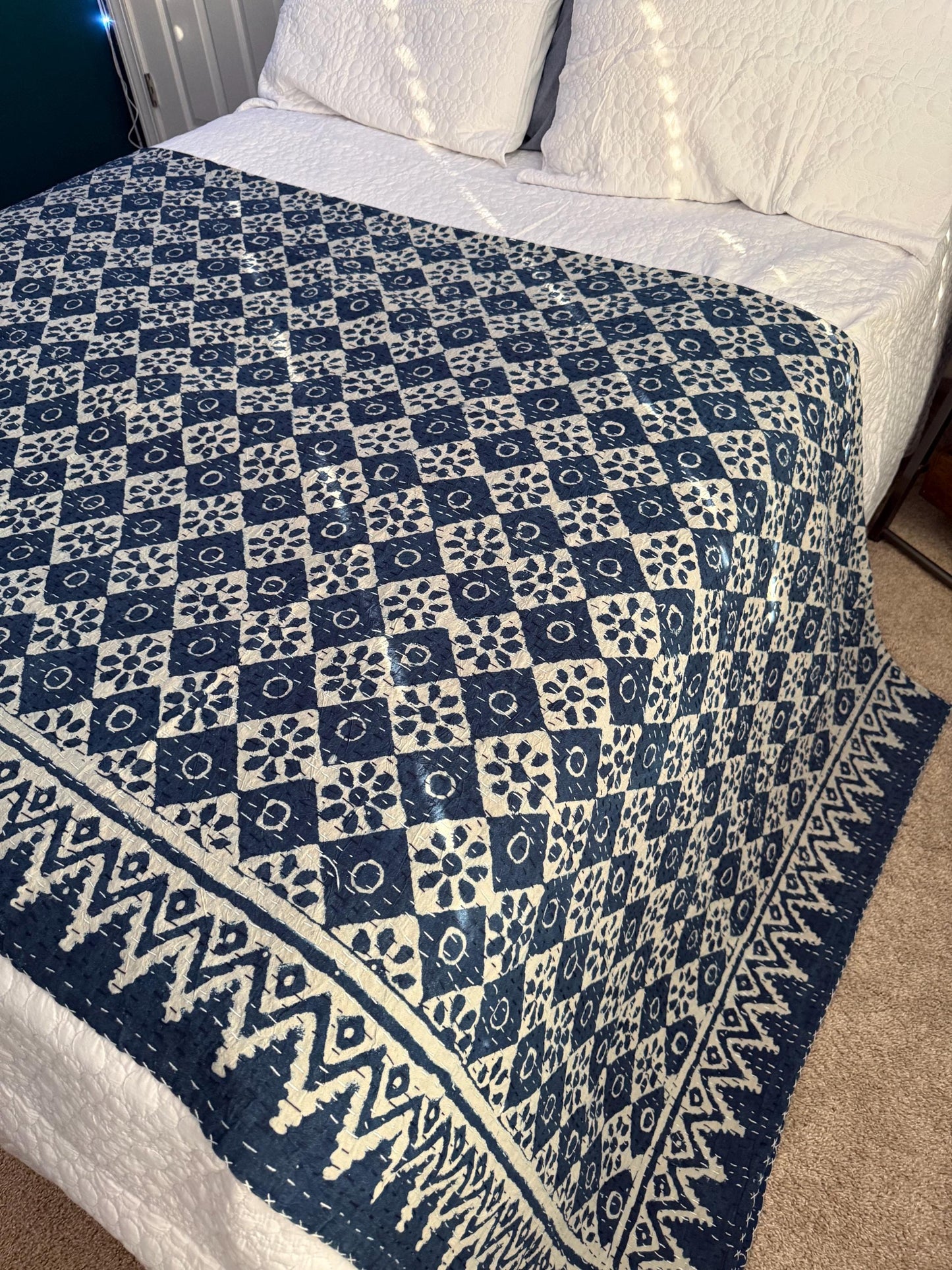 Cotton Kantha Quilt Bedspread or Coverlet In King Size - Hand Block Print Throw Blanket Boho Bedding - Queen Bed Cover Housewarming Gift