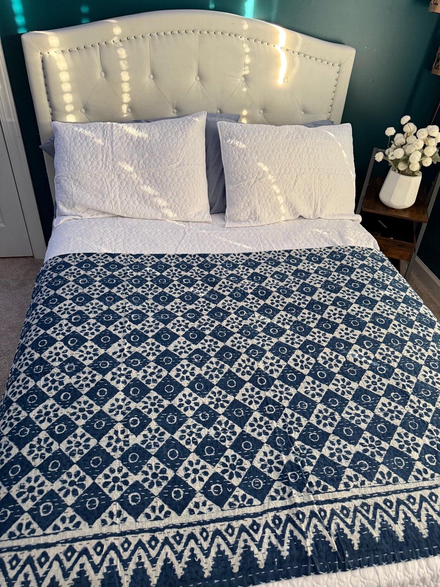 Cotton Kantha Quilt Bedspread or Coverlet In King Size - Hand Block Print Throw Blanket Boho Bedding - Queen Bed Cover Housewarming Gift