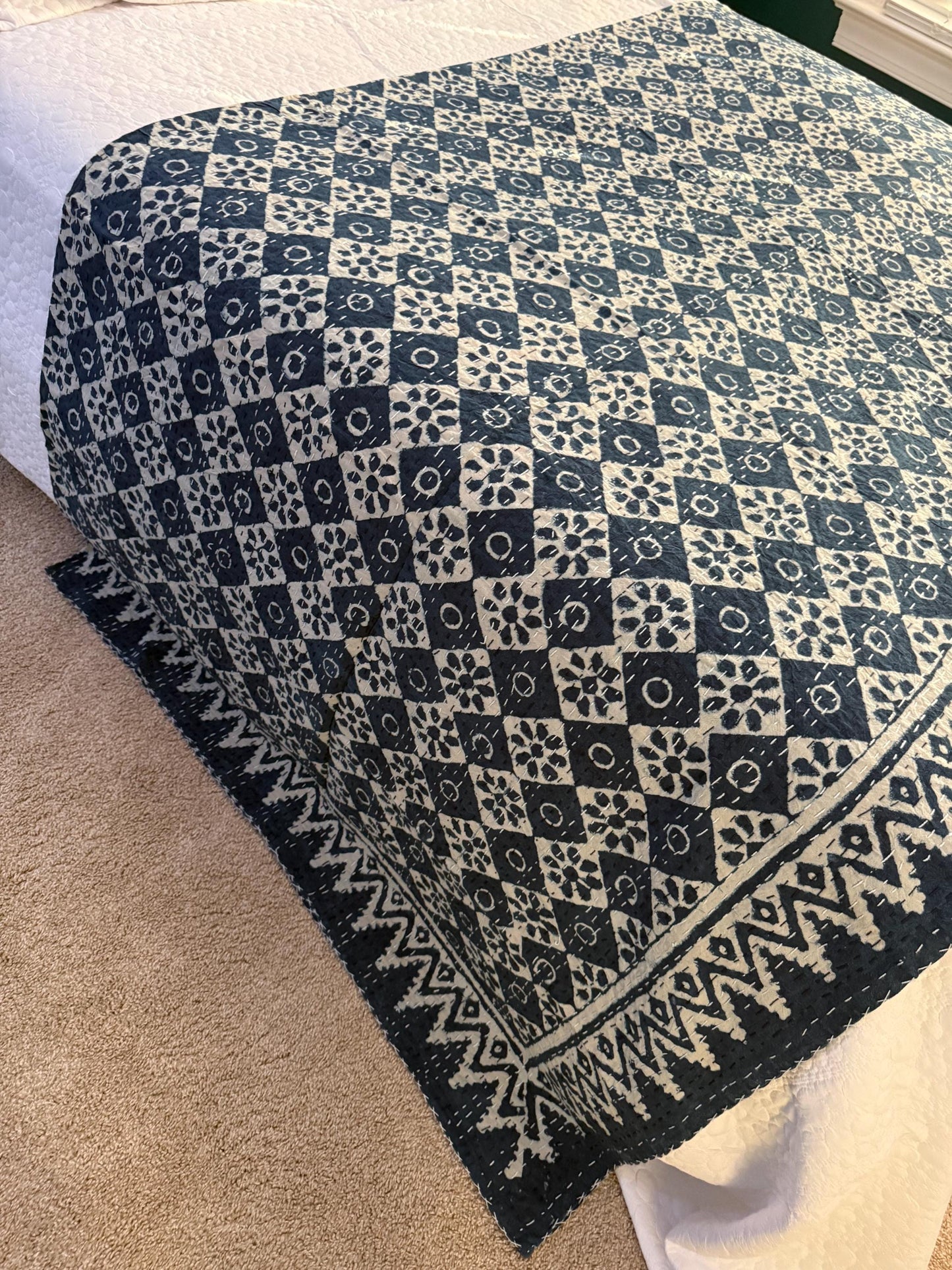 Cotton Kantha Quilt Bedspread or Coverlet In King Size - Hand Block Print Throw Blanket Boho Bedding - Queen Bed Cover Housewarming Gift