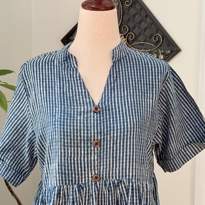 Blue Cotton Stripes Summer Dress for Women  - Mock Button Front with Pockets on both sides Cotton Dresses For Women - Boho Vacation Outfit