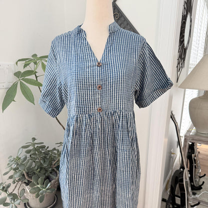 Blue Cotton Stripes Summer Dress for Women  - Mock Button Front with Pockets on both sides Cotton Dresses For Women - Boho Vacation Outfit