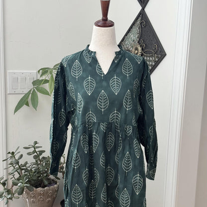 Floral Hand Block Print Cotton Midi Dress Boho Womens Clothing - Beachy Boho Vacation Sundress - Everyday Summer Dresses For Women
