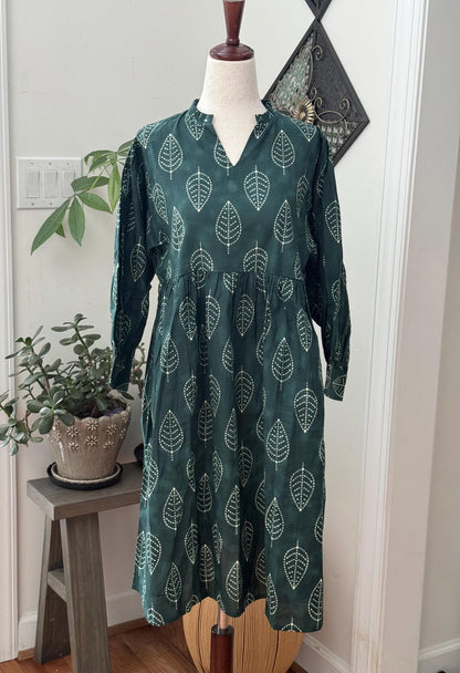 Floral Hand Block Print Cotton Midi Dress Boho Womens Clothing - Beachy Boho Vacation Sundress - Everyday Summer Dresses For Women