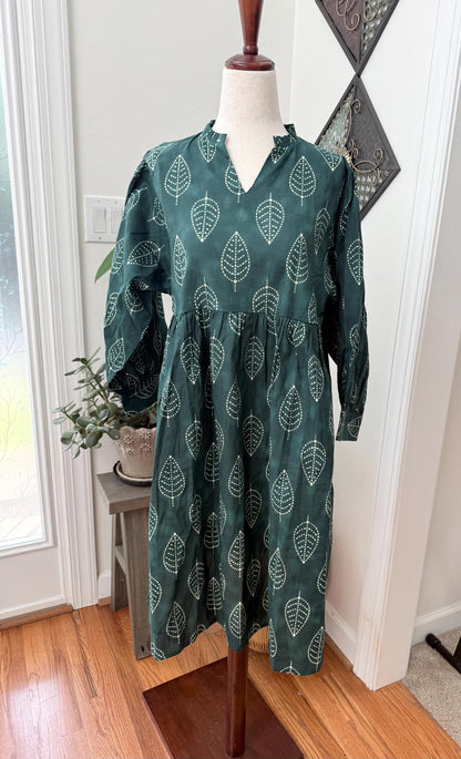 Floral Hand Block Print Cotton Midi Dress Boho Womens Clothing - Beachy Boho Vacation Sundress - Everyday Summer Dresses For Women