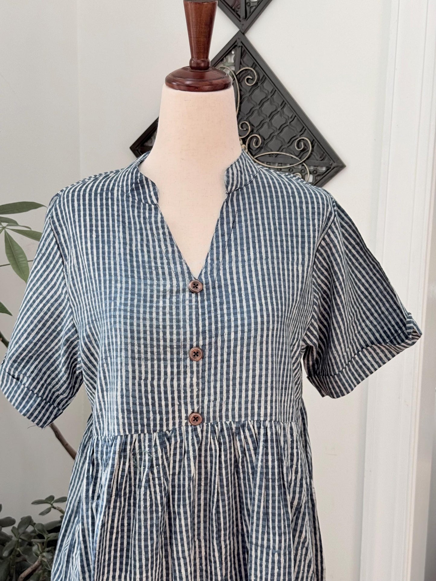 Blue Cotton Stripes Summer Dress for Women  - Mock Button Front with Pockets on both sides Cotton Dresses For Women - Boho Vacation Outfit