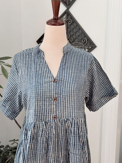 Blue Cotton Stripes Summer Dress for Women  - Mock Button Front with Pockets on both sides Cotton Dresses For Women - Boho Vacation Outfit