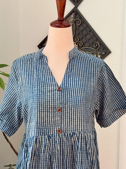 Blue Cotton Stripes Summer Dress for Women  - Mock Button Front with Pockets on both sides Cotton Dresses For Women - Boho Vacation Outfit
