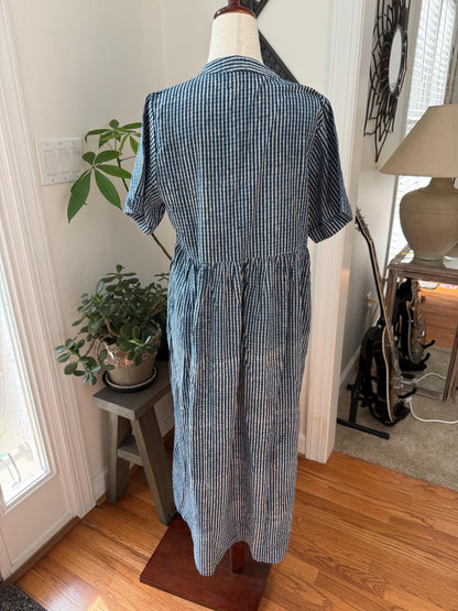Blue Cotton Stripes Summer Dress for Women  - Mock Button Front with Pockets on both sides Cotton Dresses For Women - Boho Vacation Outfit
