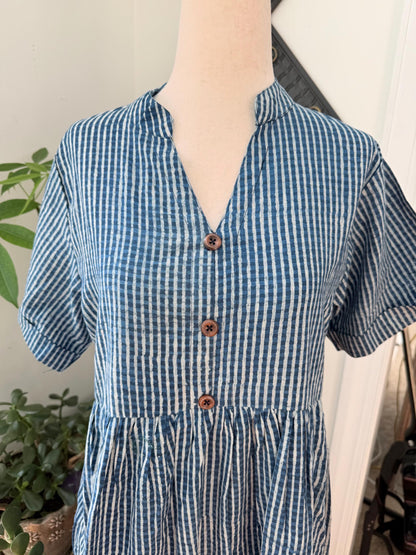 Blue Cotton Stripes Summer Dress for Women  - Mock Button Front with Pockets on both sides Cotton Dresses For Women - Boho Vacation Outfit