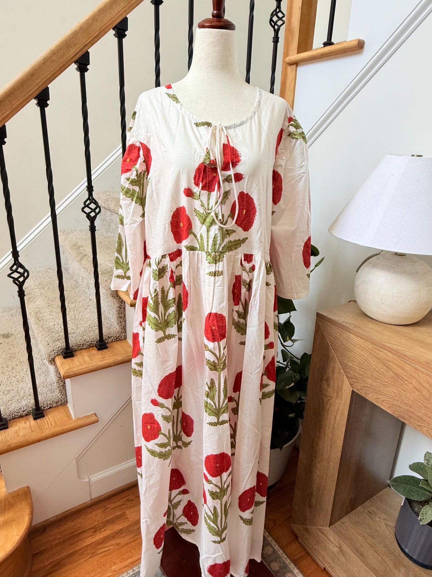 White Poppy Block Print Dresses For Women - Cotton Maxi Summer Dress Boho Womens Clothing -Loose Flowy Sundress For Garden Party or Vacation