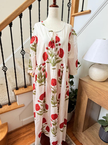 White Poppy Block Print Dresses For Women - Cotton Maxi Summer Dress Boho Womens Clothing -Loose Flowy Sundress For Garden Party or Vacation
