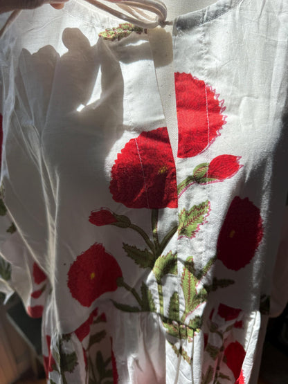 White Poppy Block Print Dresses For Women - Cotton Maxi Summer Dress Boho Womens Clothing -Loose Flowy Sundress For Garden Party or Vacation