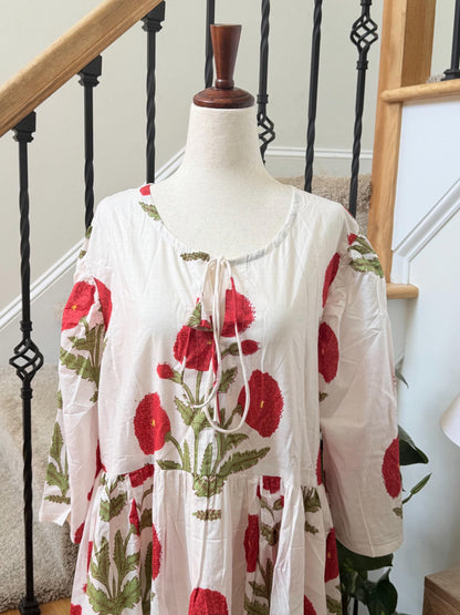 White Poppy Block Print Dresses For Women - Cotton Maxi Summer Dress Boho Womens Clothing -Loose Flowy Sundress For Garden Party or Vacation